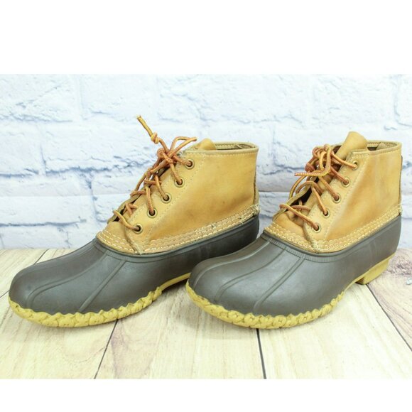 LL Bean Brown Leather Lace-Up Round Toe Unlined Ankle Duck Boots Size 7 M - Picture 2 of 10